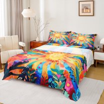 Manfei Watercolor Striped Lines Queen Sheet Sets,Boho bohemian Style Flat Sheet,Rustic Plant Flower Queen Fitted Sheet For Girl,Breathable Home Decor,4-Piece