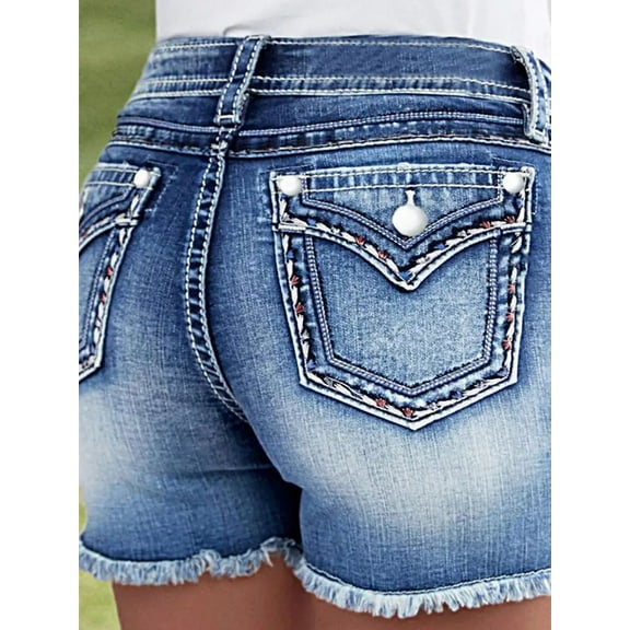 ROAD MARKINGS Women's Denim Shorts, Mid Rise, Frayed Hem, Decorative Pocket Stitching, Light Blue Wash (US, Alpha, Small, Regular, Regular, Blue)