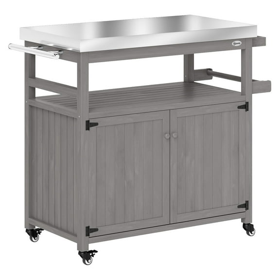Outdoor Grill Cart Stainless Steel Top, Solid Wood Kitchen Island w/ Wheels, Storage, Gray