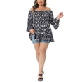 thumbnail image 2 of Agnes Orinda Women's Plus Size Easter Tops Floral Ruffle Hem Crew Neck Off Shoulder Half Sleeve Blouse Summer T-Shirt 2X Black, 2 of 6