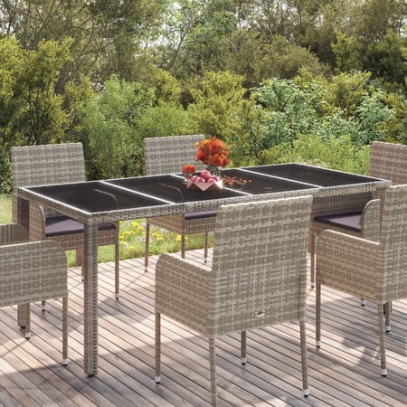 Irfora Patio Table with Glass Gray 74.8 x35.4 x29.5  Poly Rattan