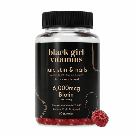 Black Girl Vitamins - Hair, Skin, and Nails Gummies with Biotin (6000 mcg), Zinc, Gelatin Free, Vitamin A, and Vitamin E - Gluten-Free. Made in The USA (Passion Fruit, 60 Count) 30 Day Supply