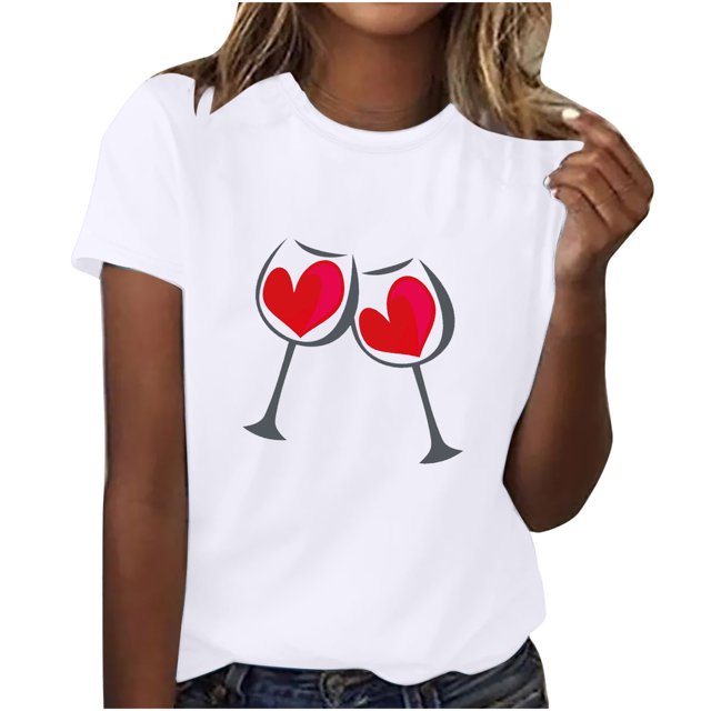 Diufon Hauts de la Saint-Valentin pour Femmes Décontracté Manches Courtes Col Rond Chandail Chemise Imprimé Graphique Mignon Tendance