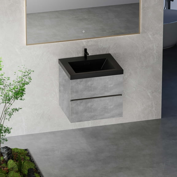 BARONAGE 24" Floating Bathroom Vanity with Single Sink, Wall-Mounted Bathroom Storage Vanity Cabinet with Black Quartz Sand Top Basin and Soft Close Drawers, Cement Grey