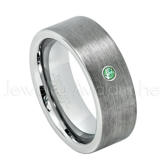 8mm Pipe Cut Tungsten Wedding Band - 0.07ct Solitaire Emerald Ring - Personalized Tungsten Wedding Ring - Custom Made May Birthstone Ring TN669BS