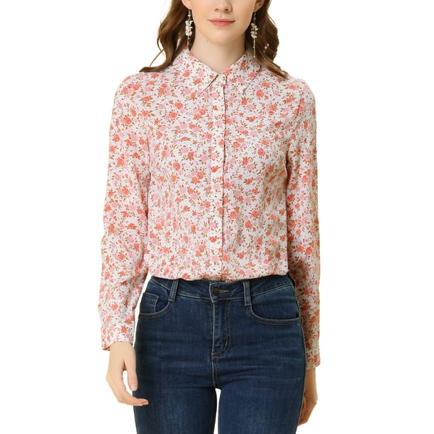 Camisa de mujer Inspire Chic con botones, estampado de flores, de manga larga, con cuello de punta, top de oficina, blanco-rosa con flores
