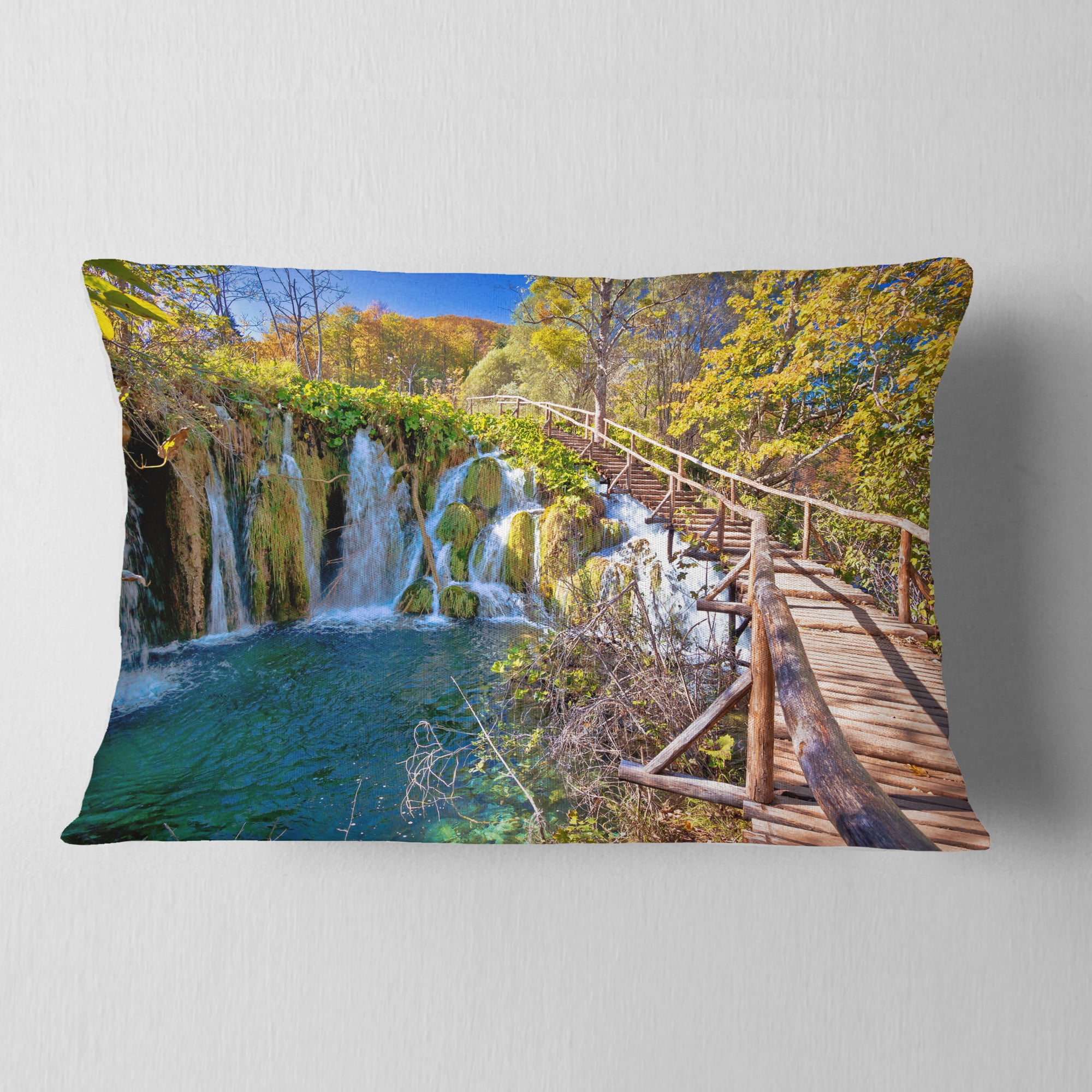 Designart Autumn in Plitvice Lakes - Landscape Photo Throw Pillow - 12x20