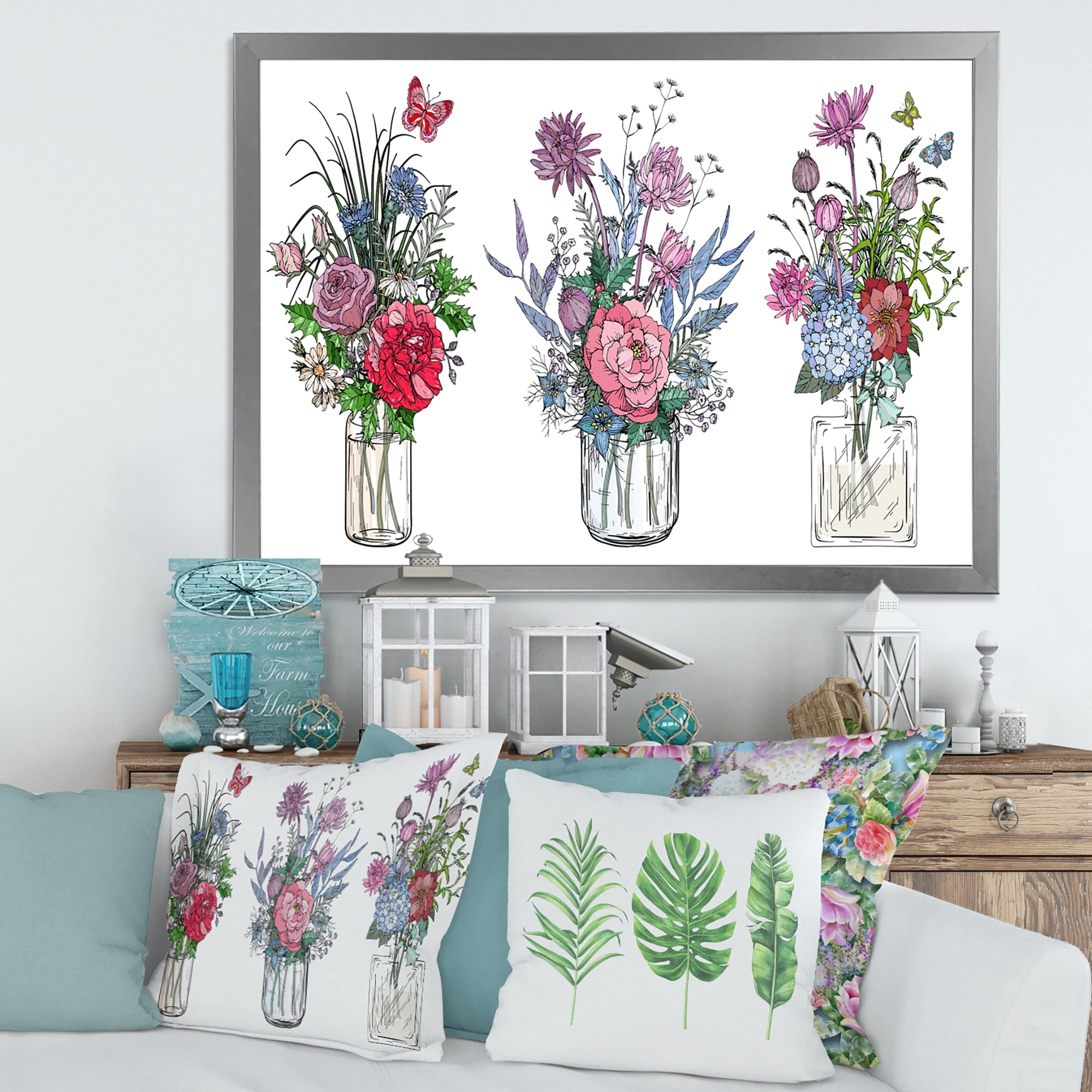 Designart 'Transparent Vases With Bouquets of Wildflowers I' Farmhouse Framed Art Print