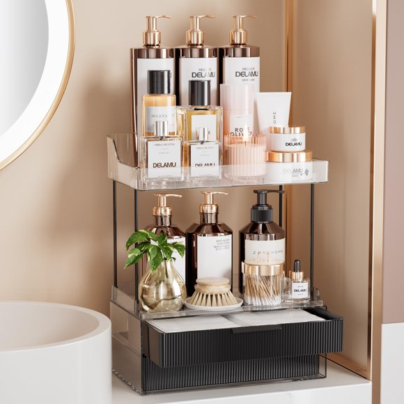 Organizadores y almacenamiento de baño Delamu, 2 niveles y 2 cajones, negros