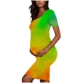thumbnail image 4 of Woman' Fashionable Printed Pleated Maternity Skirt Short Sleeved Round Neck Mid Calf Dress, 4 of 6