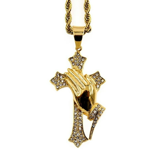 Hip Hop Bling Iced Out 14K Yellow Gold The Praying Hands Cross Pendants Necklace for Men Rapper Jewelry