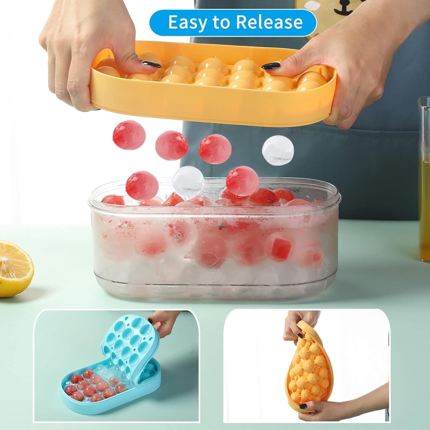 Round Ice Cube Tray with Lid and Bin,Silicone Sphere Ice Trays for Freezer | BPA Free Stackable Round Ice Tray with Cover | Easy Release Making 24-Circle Ice | Come with Ice Scoop