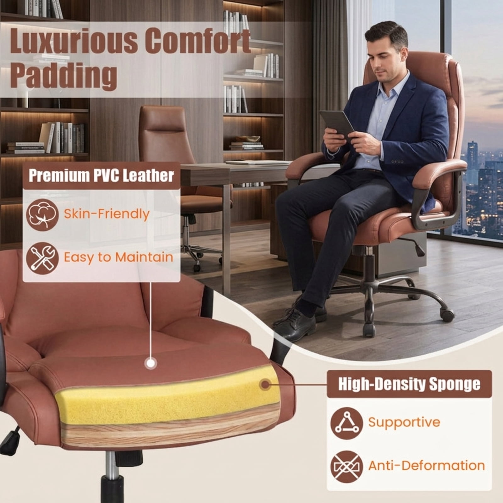 Furnibear Big and Tall Office Chair 400lb High Back Executive Computer Chair with PVC Leather Rocking Backrest and Swivel Seat, Brown