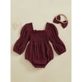 thumbnail image 6 of Miaouyo Infant Baby Girls Spring Fall Romper 0 3 6 12 18 Months Long Sleeve Square Neck Solid Color Romper with Headband, 6 of 9