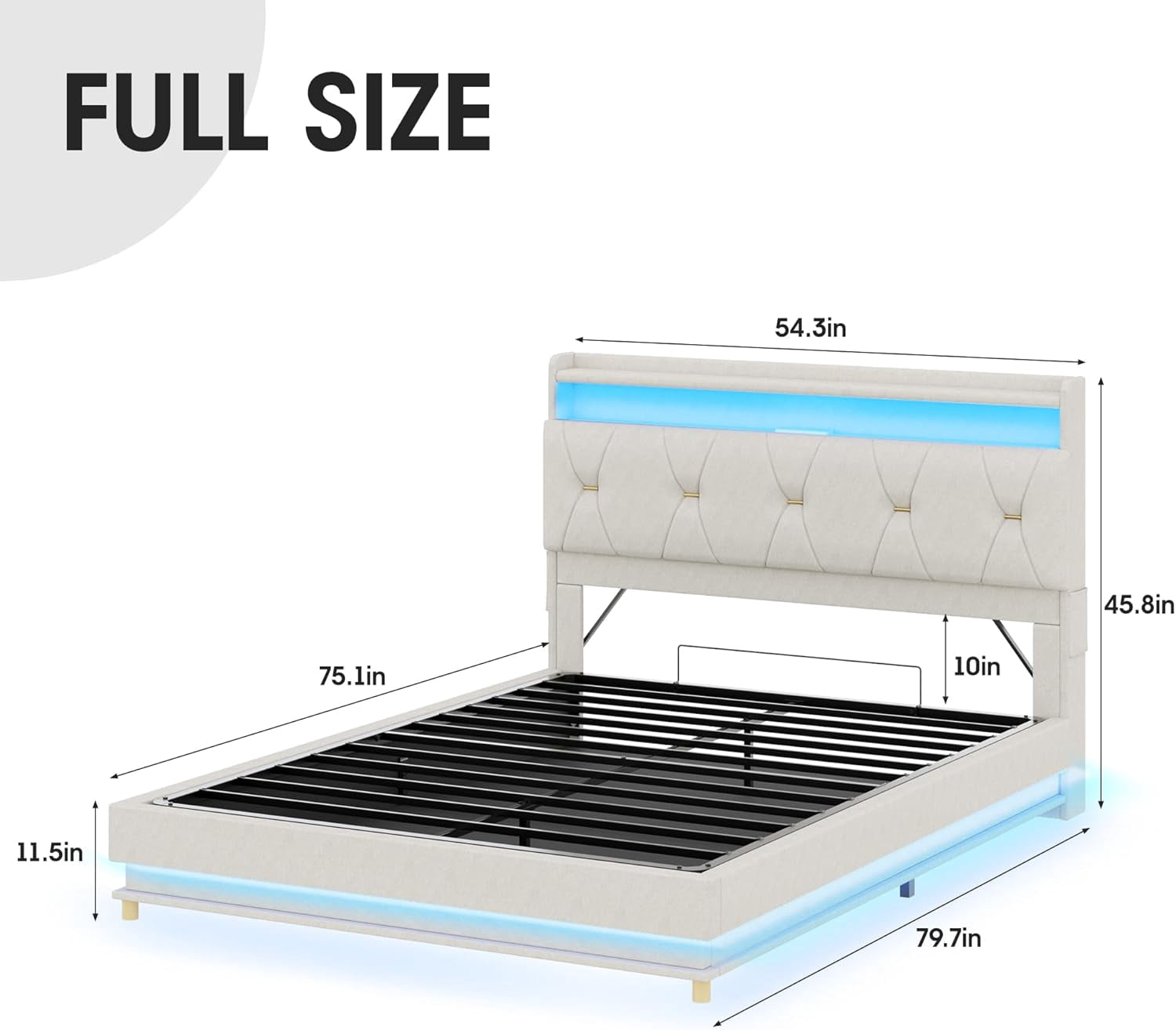 VEANERWOOD Full Size Lift Up Bed Frame with Storage Headboard, Upholstered Platform Bed with Charging Station, LED Lights, No Box Spring Needed