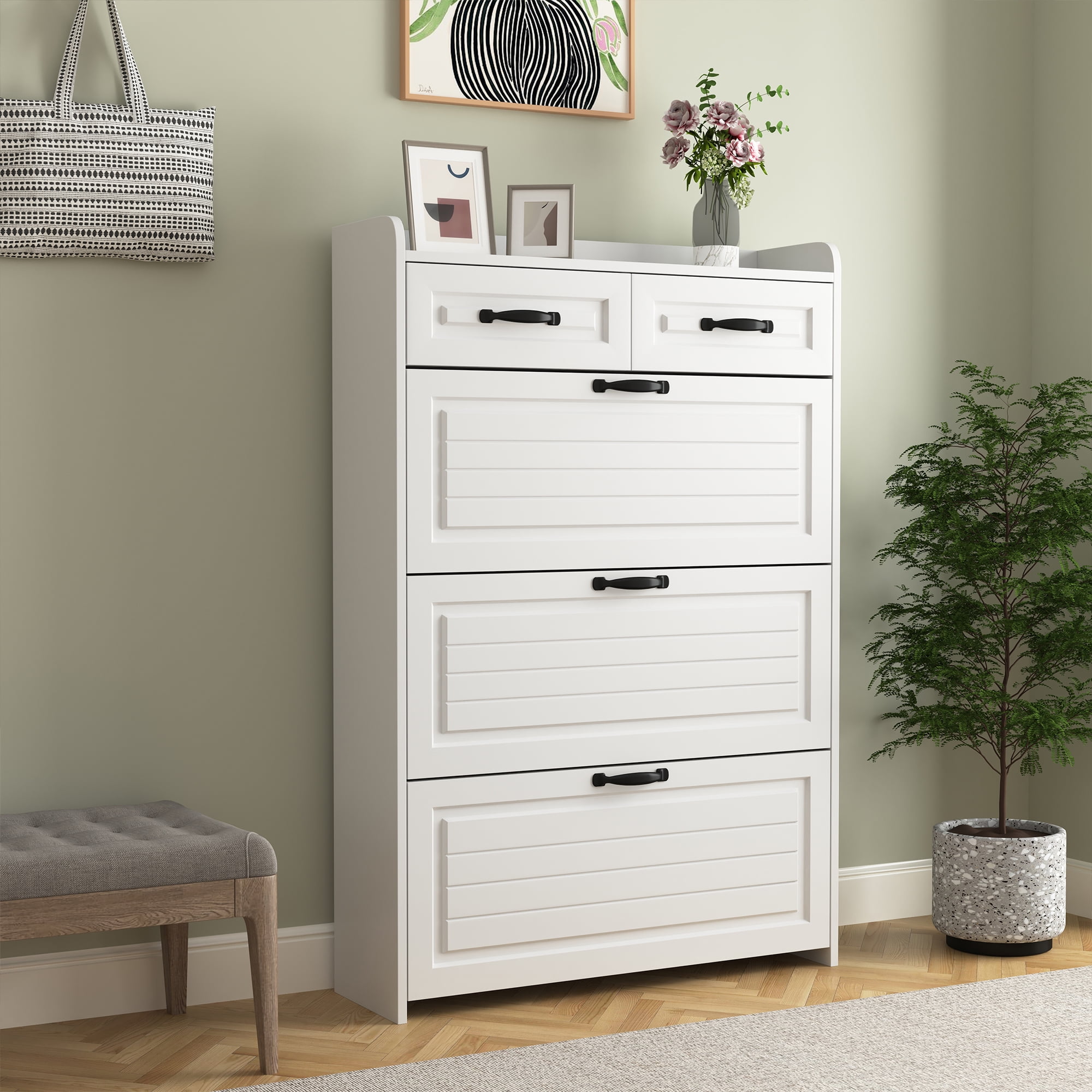 Kadyn Shoe Rack with 3 Doors, Shoe Organizer, White Shoe Cabinet with 2 Drawers, Shoe Storage Cabinet for Living Room, Hallway, Entryway