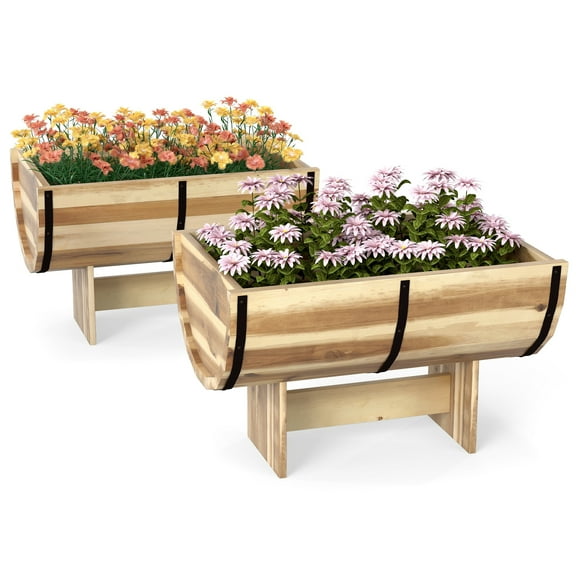 Patiojoy 2 Pack Rustic Half Barrel Planters Wooden Flower Boxes with Acacia Wood Frame