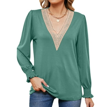 DYTTDG Women's Fashion Splicing V-Neck Long Sleeve T-Shirt Casual Loose Daily Blouse Tops Clearance Under 10