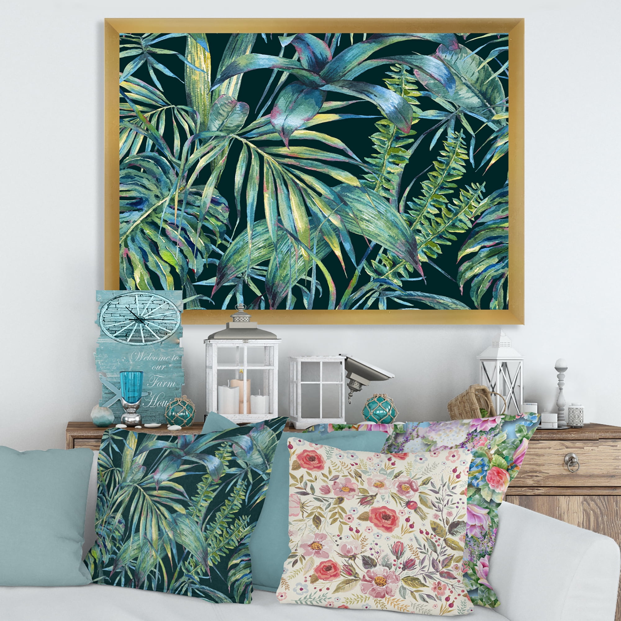Designart 'Natural Green Leaves Exotic On Dark I' Tropical Framed Art Print
