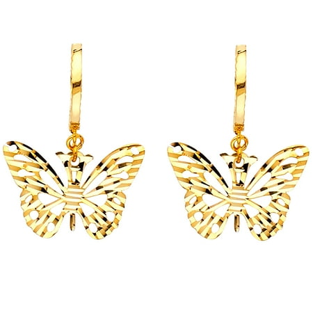 Retriever Earrings Hanging - Solid 14K Gold Diamond Cut Butterfly Hanging Earrings