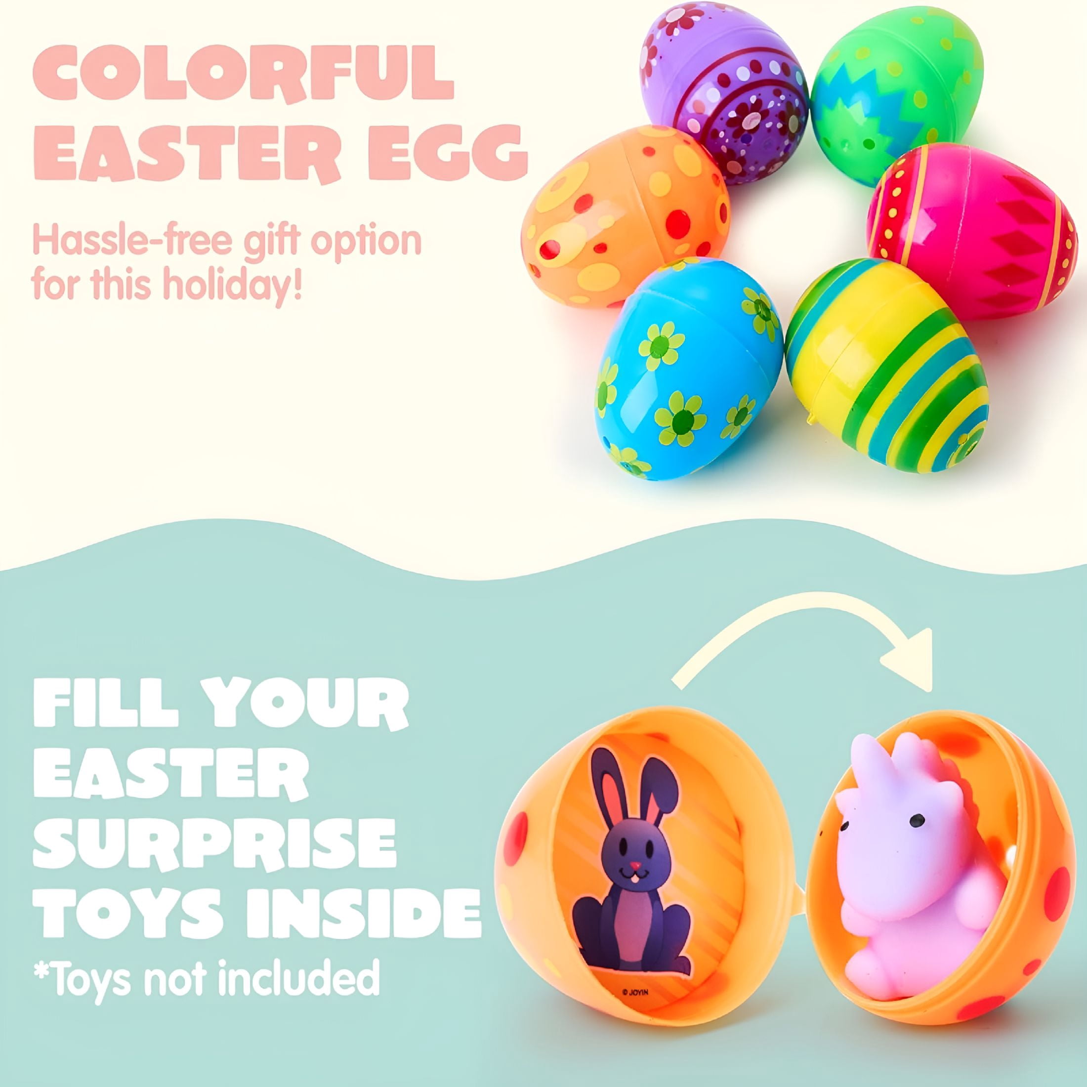 XIBUFE 2026 New 100 Pcs Plastic Printed Easter Eggs,2.3" Fillable Empty Easter Eggs for Easter Hunt,Basket Stuffers Fillers,Classroom Prize Supplies,Filling Treats and Party Favor