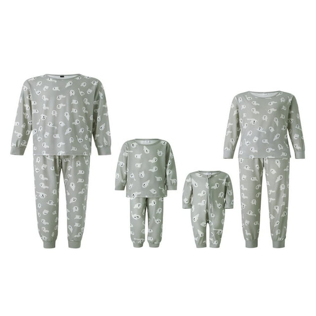 Halloween Matching Family Pajamas Cartoon Ghost Print Long-sleeve Tops + Pants Zip Jumpsuit Pet Clothes