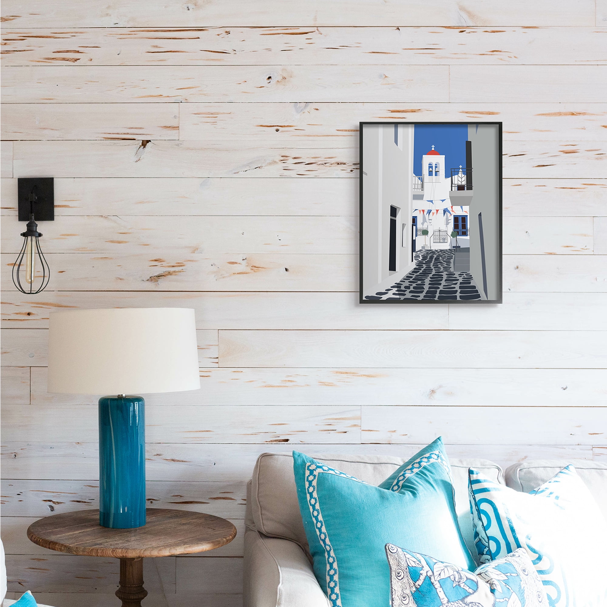Stupell Industries European Coastal City Street White Blue Architecture Abstract Painting Black Framed Art Print Wall Art, 16 x 20