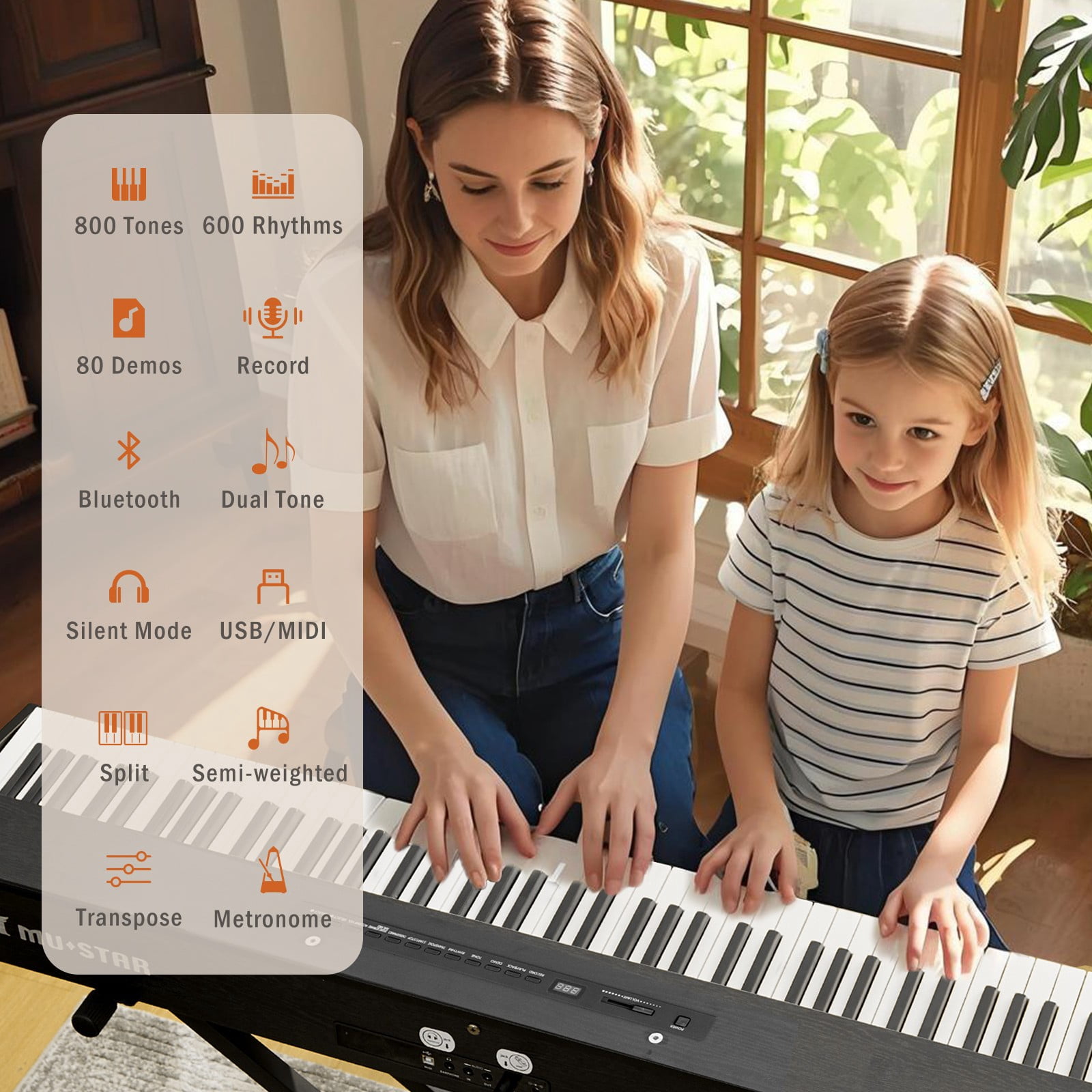 MUSTAR 88 Keys Electric Digital Piano Semi Weighted Keyboard w/USB MIDI,Bluetooth,Pedal,Bench(Black)