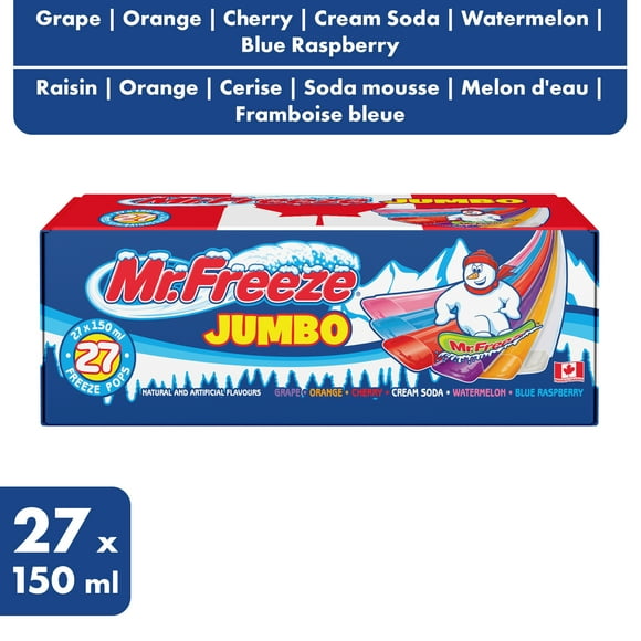 Mr. Freeze Jumbo Freeze Pops - Grape, Orange, Cherry, Cream Soda, Watermelon, Blue Raspberry - 27 x 150 ml, 27 x 150 ml
