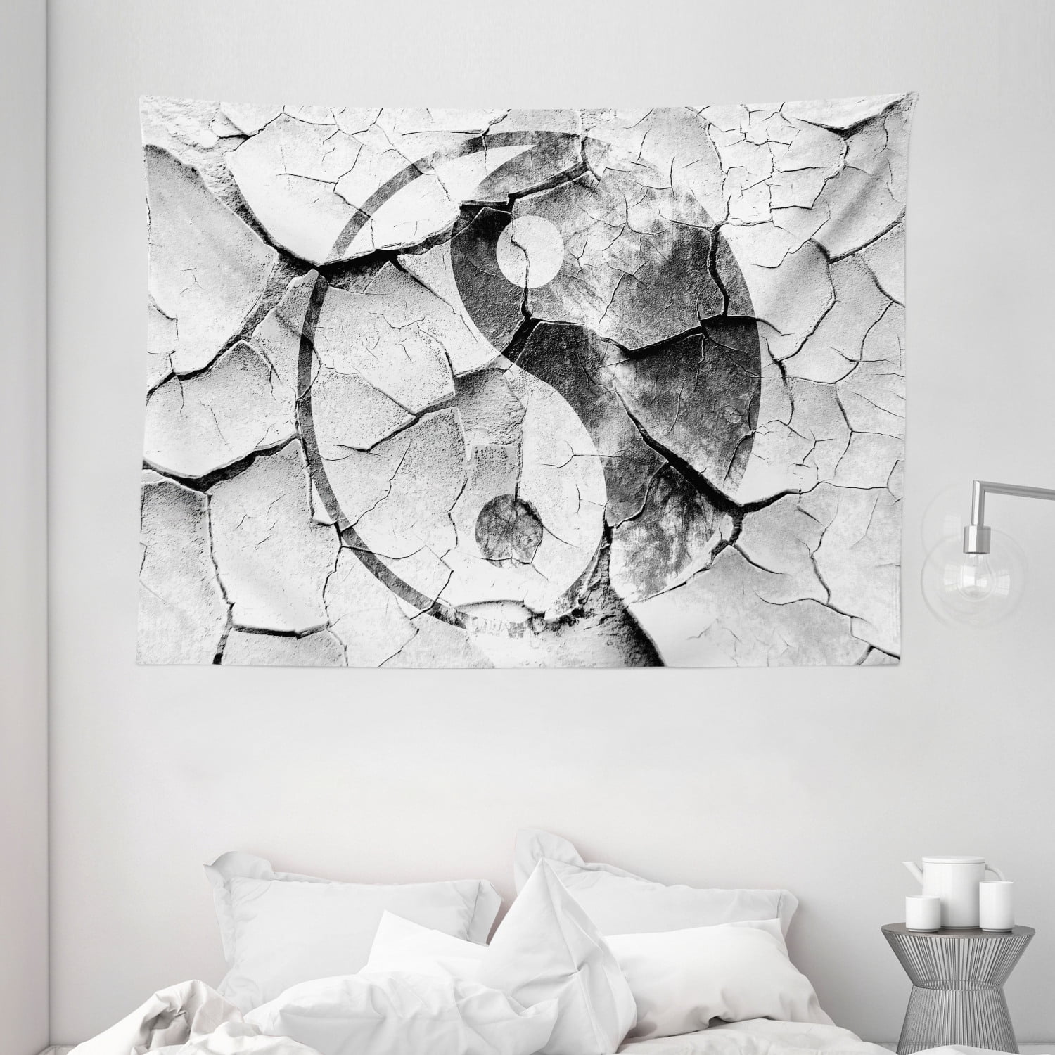 Ying Yang Decor Tapestry Grunge Cracked Yin Yang Wall Graphic Art Union Asian Zen Decorations Wall Hanging For Bedroom Living Room Dorm Decor 80w X 60l Inches Black And White By Ambesonne