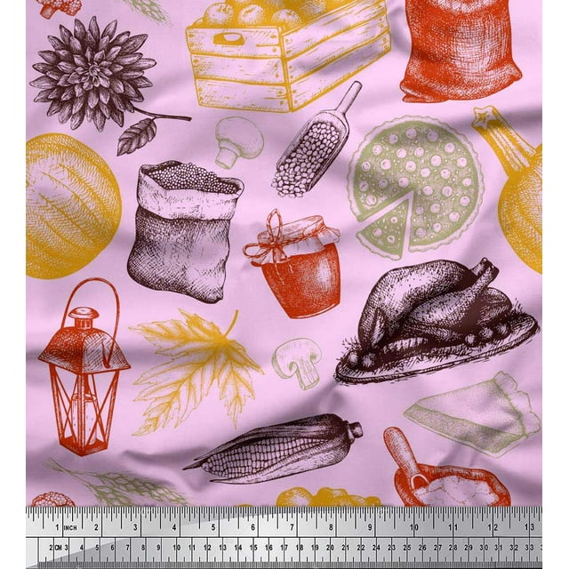 Soimoi polyester Crepe Fabric Vegetables,Non Veg & Pizza Food Print Fabric by the Yard 52 Inch Wide