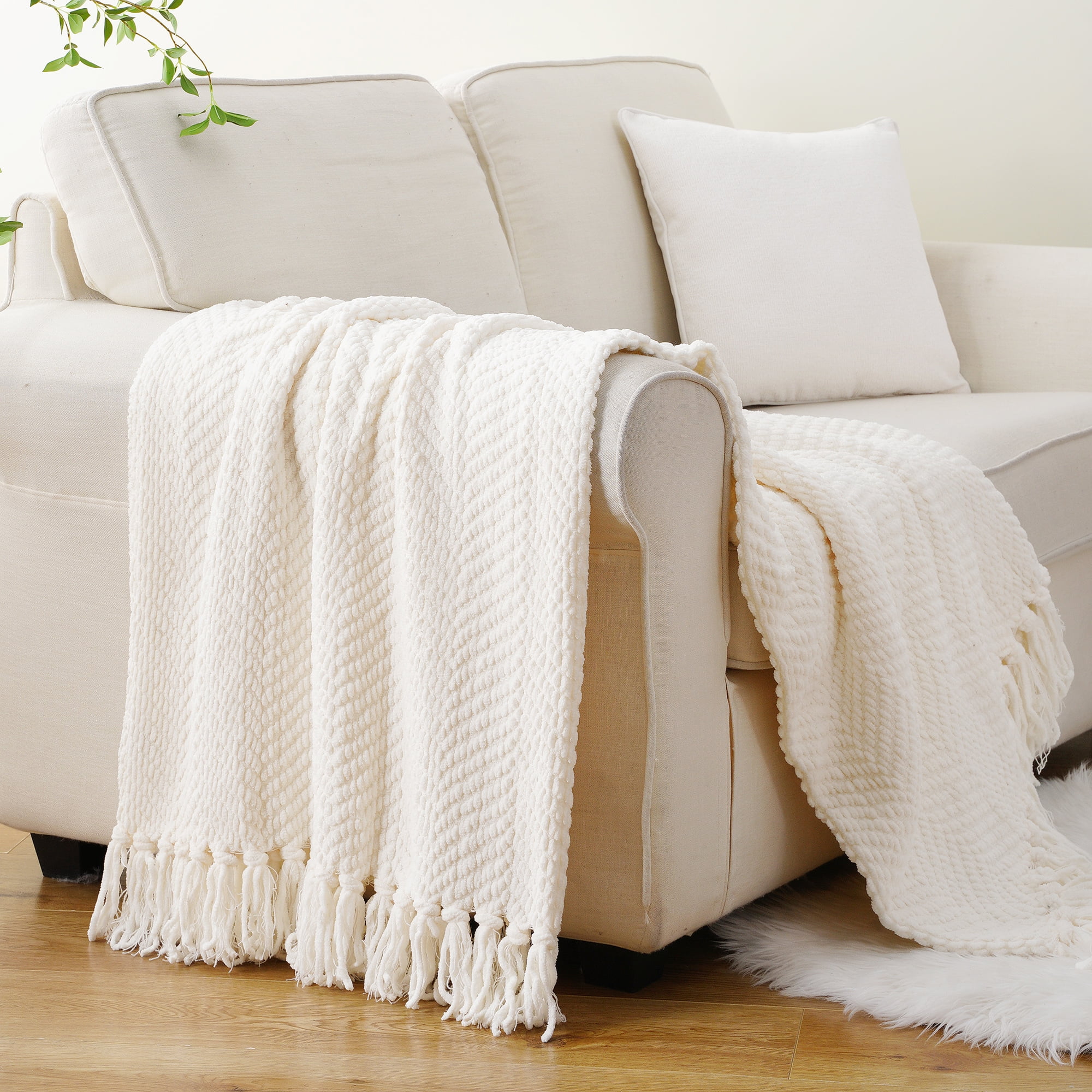 Battilo Cream Throw Blanket for Couch Bed,White Textured Blanket with Tassels for Home Decor,60"x80"