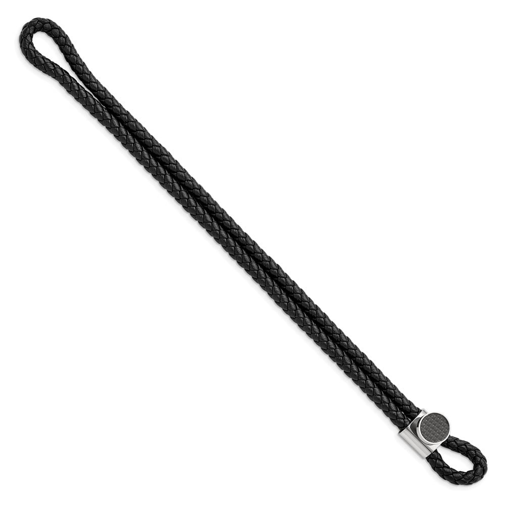 Diamond2Deal Stainless Steel Polished with Black Carbon Fiber Inlay Black Braided Leather Bracelet for Men 8.5"