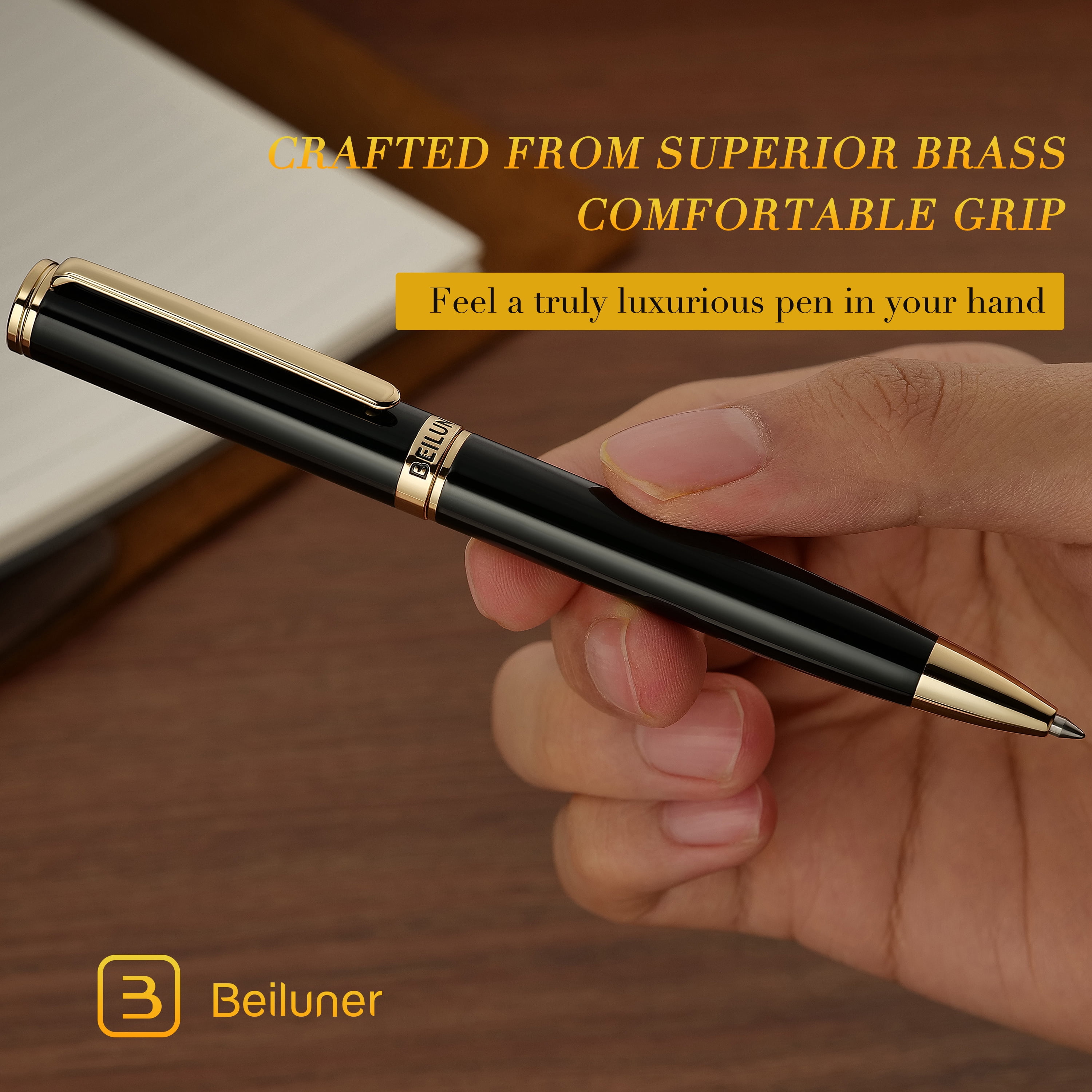 BEILUNER Black Gel Pens,Peerless Pen with 24K Gold Trim,The Exquisite Product Detail, Fancy Leather Box- Pen Gift Set for Men & Women-Executive, Office, Nice Designer Pens