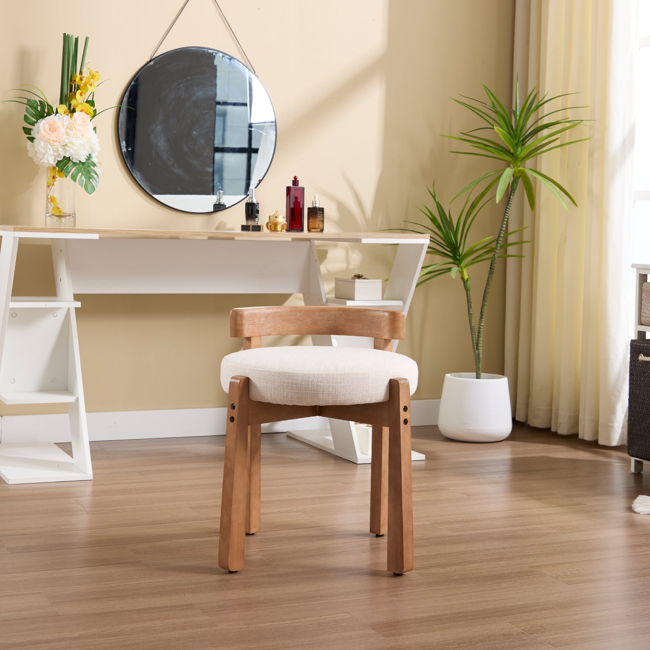 Guyou Wooden Vanity Chair Set of 2, Modern Linen Upholstered Small Ottoman Footstool, Lovely Round Makeup Stool for Bedroom Living Room Makeup Room, Beige