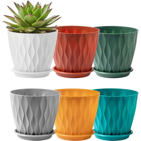 6-Pack 6-Inch Plastic Plant Pots with Saucers