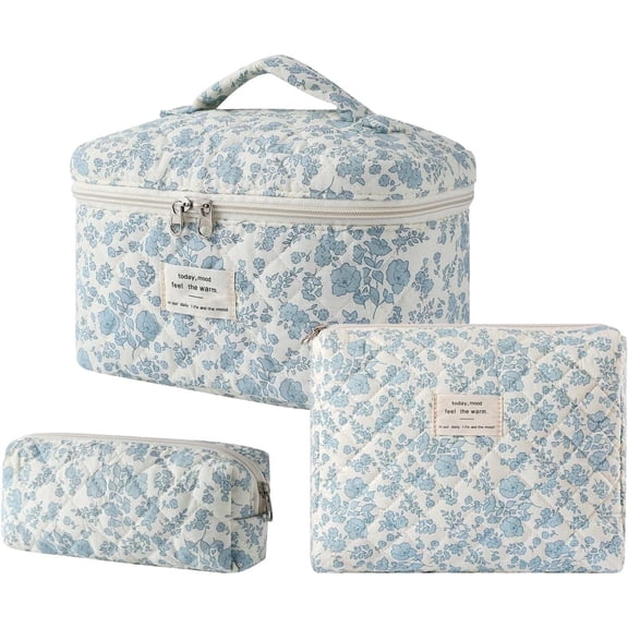 3PCS Large Travel Quilted Makeup Bag for Women, Floral Cotton Cosmetic Bag, Coquette Aesthetic Floral Toiletry Organizer Bag