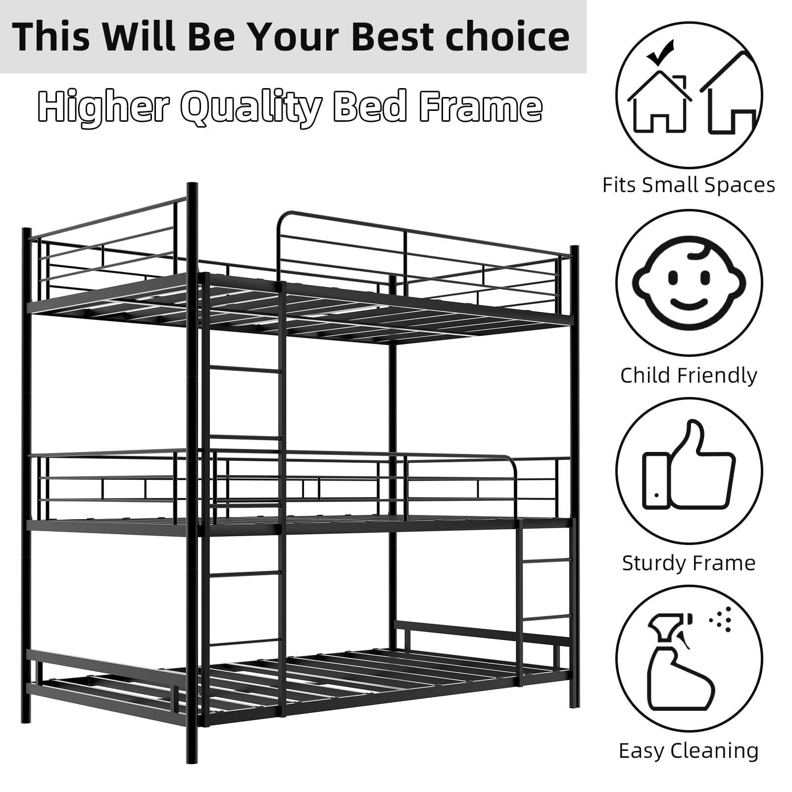 Alvantor Triple Bunk Bed Twin Over Twin Over Twin Metal 3-in-1 Bed for Kids Teens with Ladders and Safety Guardrails Black