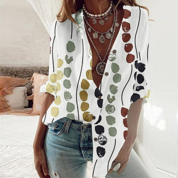 AOOCHASLIY Tops Clothes Women's Casual Blouse Round-Neck Long Sleeve Print Loose Shirt Tops Buttons Cardigan