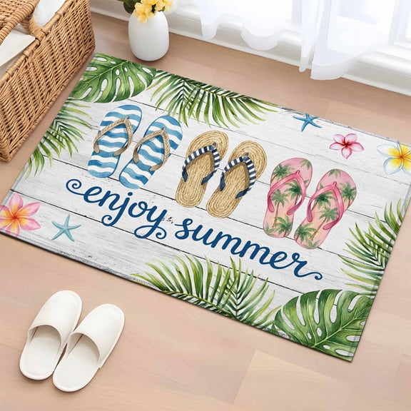 Summer Slippers Entryway Rug 2'x3' Non Slip Front Door Mats, Tropical Botanical Palm Leaves Vintage Entrance Rugs Indoor Outdoor Carpet, Washable Floor Mats Small Area Rug for Bedroom Kitchen