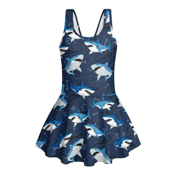 COEQINE Girls One Piece Swimsuit with Attached Liner, Scoop Neck V-Back Swim Dress for Swim Lessons, Polyester Spandex Bathing Suit for Girls 3-4 Year Olds, Cartoon Shark Blue
