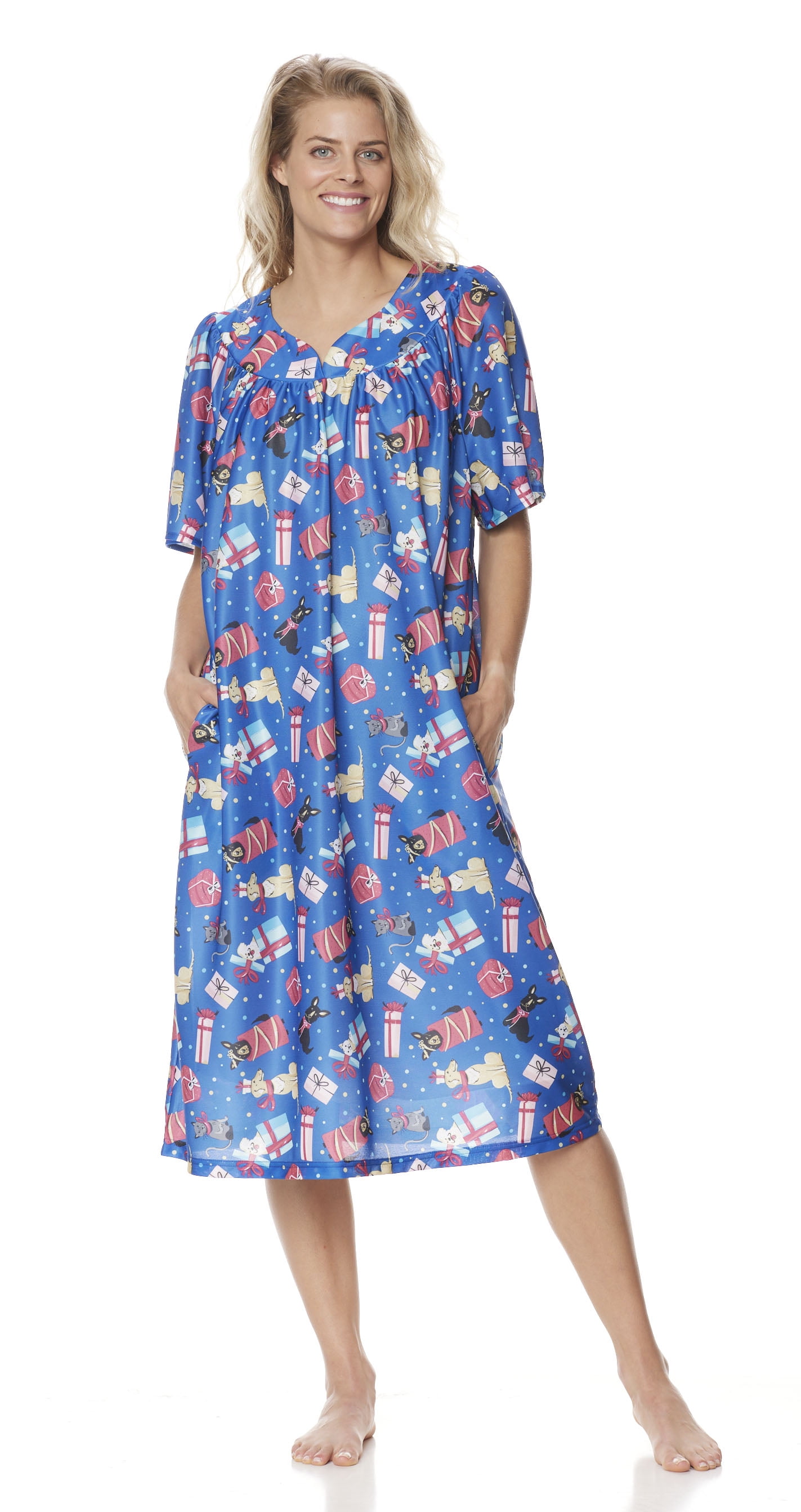 AmeriMark - AmeriMark Womenâs Lounger House Dress - Short Sleeve Patio Dress w/ Side Pockets 