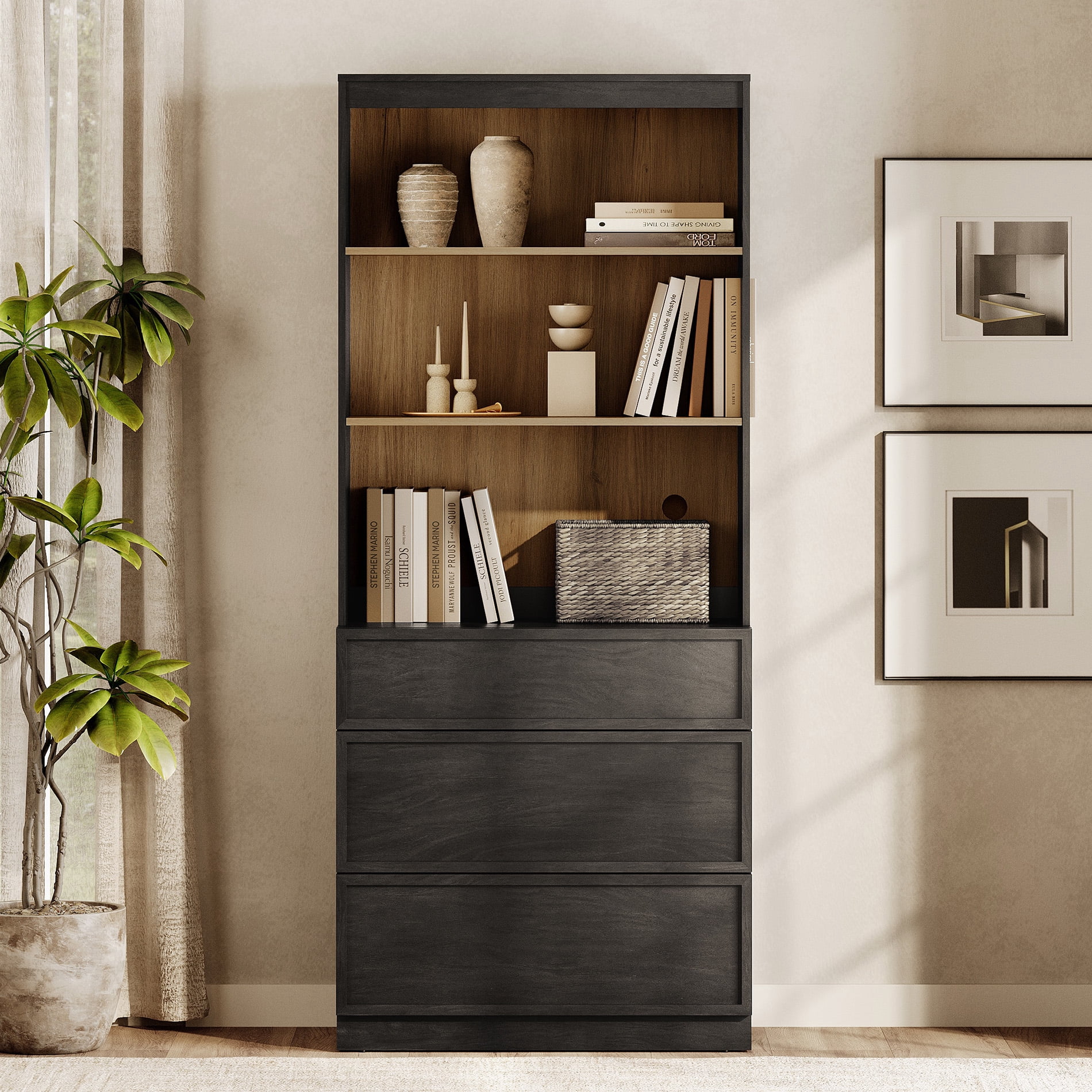 Modern 72" Tall Bookshelf with 3 Drawers and Open Book Shelves,Wood Freestanding Book shelf for Home Office, Living room,Black