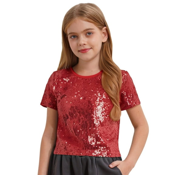 Doomiva Kids Girls Sequin Hip Hop Jazz Dance Top Sparkly Round Neck Tee Shiny Disco Party Short Sleeve T-shirt Red S