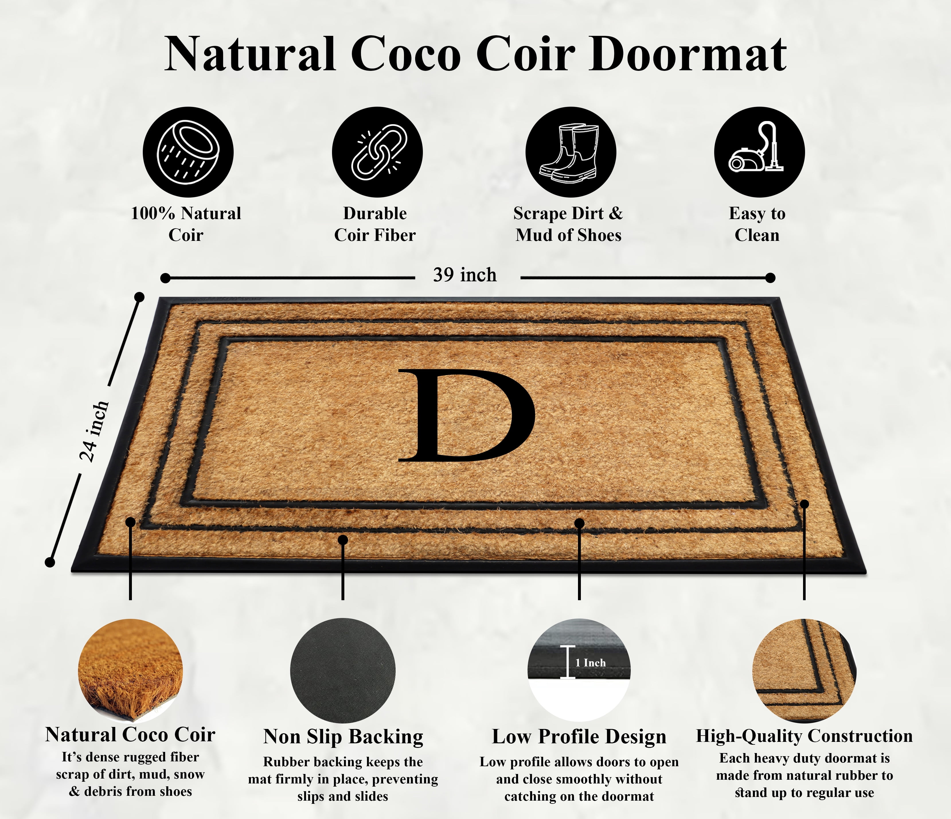 A1 Home Collections Natural Coir & Rubber Door Mat, Long-Lasting Entrance Doormats for Front Door, Thick & Non-Slip Durable Outdoor Entry Mat 24" x 39"
