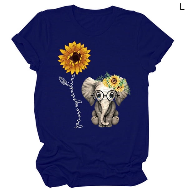 Camiseta de mujer Blusa con cuello redondo y manga corta con estampado de girasol, azul marino, L Scienceny AP001988-19