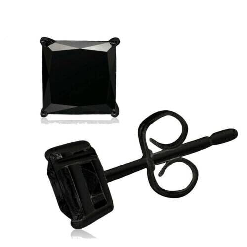 Unisex 2Ct Princess Cut Black Diamond Lab-Created Stud Earrings 14K Black Gold Plated Silver