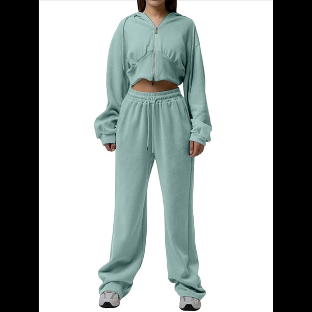 Conjunto Deportivo para Mujer: Sudadera con Capucha y Cremallera de Larga con Pantalones de Color Liso con Cordones - Conjunto de Dos Piezas Verde S