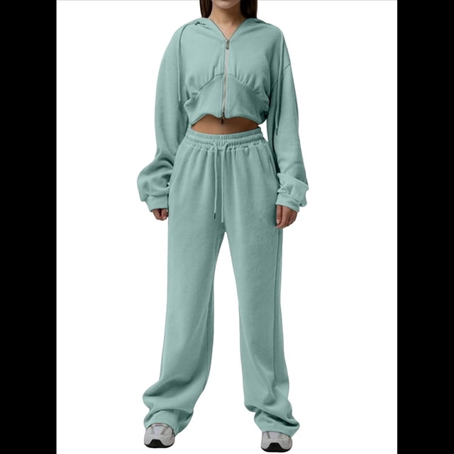 Conjunto Deportivo para Mujer: Sudadera con Capucha y Cremallera de Larga con Pantalones de Color Liso con Cordones - Conjunto de Dos Piezas Verde M