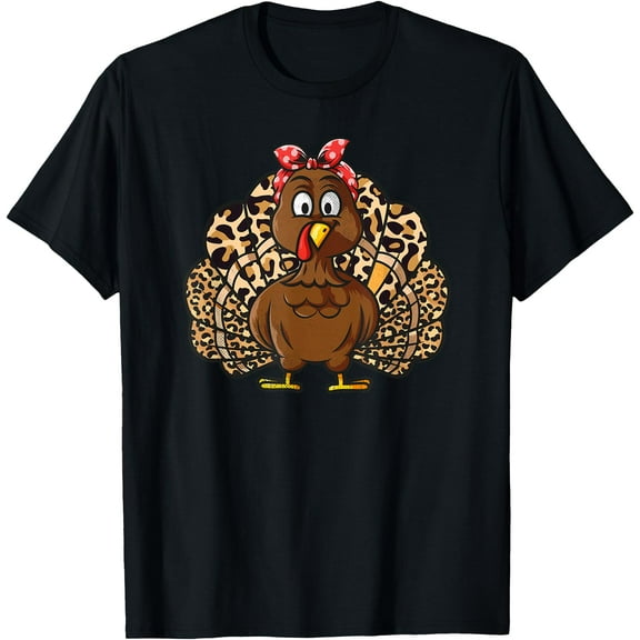 Thanksgiving Leopard Turkey Women Girl Autumn Fall season T-Shirt,Top Tees,Black